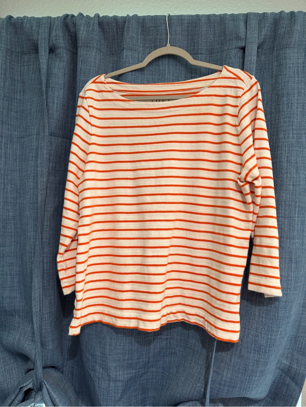 LOFT Orange & Cream Striped Boatneck Long Sleeve Top